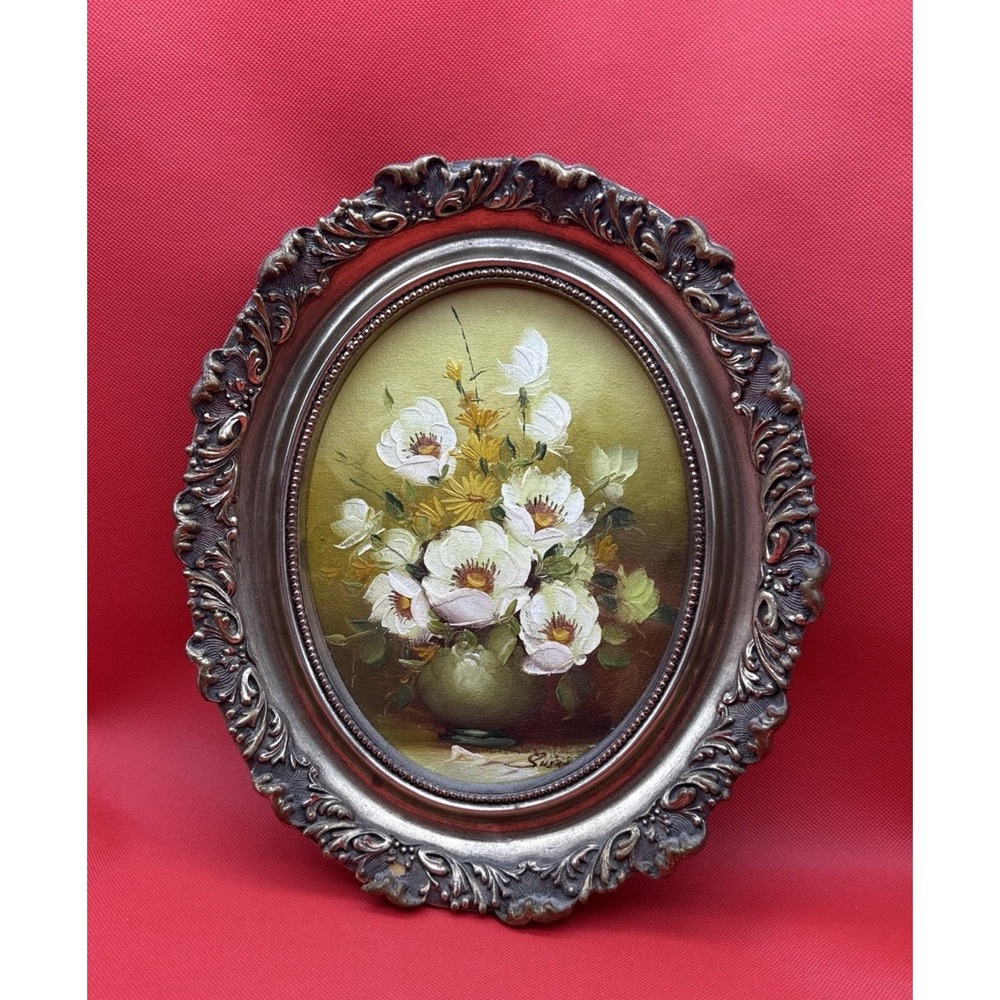Antique Oil Floral Painting Ornate Gilded Wood Frame ARTISTIC INTERIOR OVAL